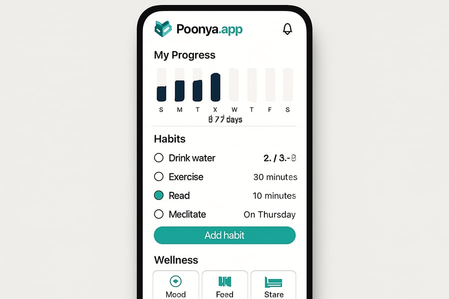 poonya.app mobile app interface showing habit tracking and wellness features